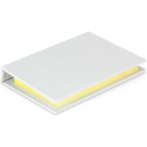 A sticky note pad featuring a yellow pad encased in a sleek white cover.