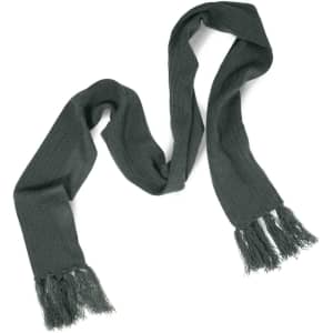 A Nebraska Cable Knit Scarf in a dark green color with frayed edges.