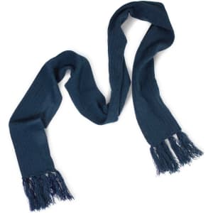 A Nebraska Cable Knit Scarf in a deep blue shade with fringed ends.