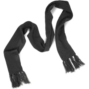 A Nebraska Cable Knit Scarf in a dark, textured fabric with fringe details at both ends.