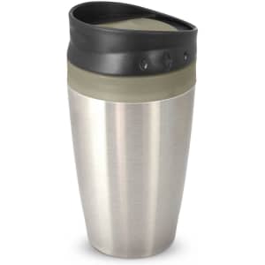 A stainless steel coffee cup with a black and olive green lid, featuring a logo on the side.