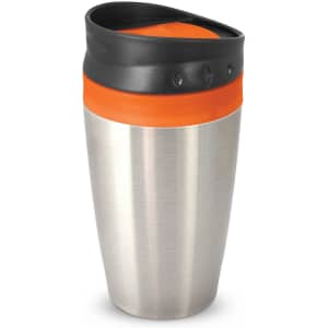A stainless steel coffee cup with an orange and black lid, featuring a sleek design and a brand logo.