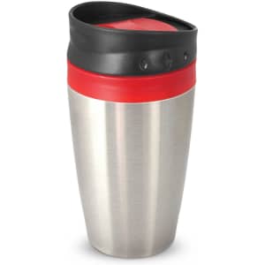 A stainless steel coffee cup with a black and red lid, featuring a simple design and a logo on the side.