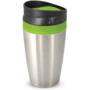 A stainless steel coffee cup with a green and black lid, featuring a logo on the side.