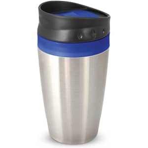 A stainless steel coffee cup with a black and blue lid. It has a sleek and modern design, featuring a logo.