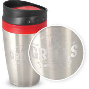 A stainless steel coffee cup with a red silicone lid, featuring an engraved design and a logo.
