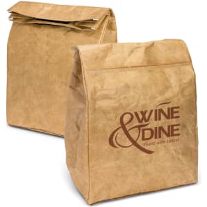 A Kraft paper cooler lunch bag in a brown colour with a logo on one side. It features a fold-over top for closure.