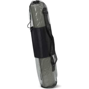 A rolled-up Zen Yoga Mat is featured in a mesh carrying bag, showcasing its compact and portable design.