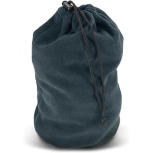 A dark green polar fleece drawstring bag with a cinched top and adjustable cord. It features a logo.