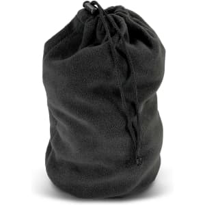 A black polar fleece drawstring bag with a cinched top and toggle closure. Includes a logo.