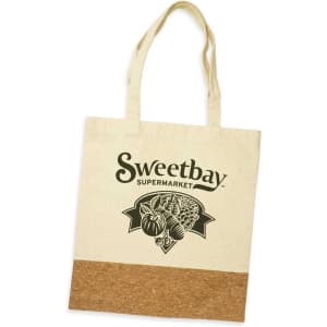 A beige tote bag with a cork bottom, featuring an eye-catching logo.