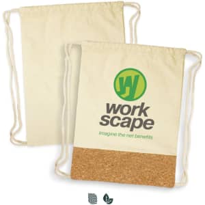 A drawstring backpack in cream with a cork bottom and a logo. Features two drawstrings for closure and carrying.