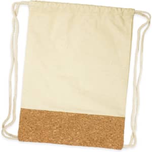 A drawstring backpack in cream fabric with a cork bottom, featuring white ropes. The design is simple and stylish.