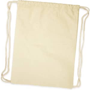 A drawstring backpack in a natural beige color, made from durable fabric, featuring rope-style drawstrings for closure.