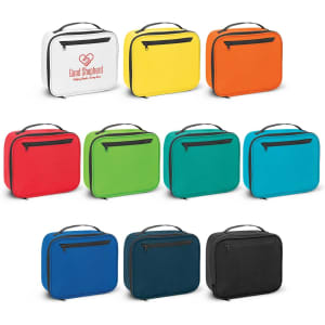 A collection of lunch cooler bags in yellow, orange, red, green, turquoise, blue, dark blue, and black, each with a zippered pocket and handle.