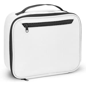 A white lunch cooler bag with a black zippered pocket and handle. It features a plain design with no visible logos.