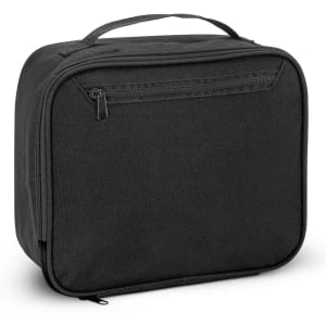 A black cooler bag features a zippered main compartment and a front pocket, with a handle on top for easy carrying.
