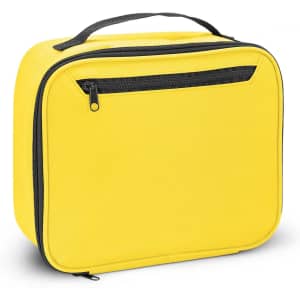 A yellow cooler bag with a black zipper and handle, featuring a front pocket and a simple, rectangular design.