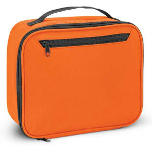 An orange lunch cooler bag with a black zippered pocket and handle. It has a simple, rectangular design.