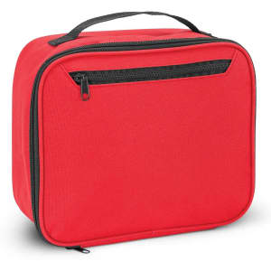 A red lunch cooler bag with a zippered front pocket and a handle on top. The bag has a simple, structured design.