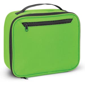 A green cooler bag with a zippered front pocket and a sturdy handle on top.