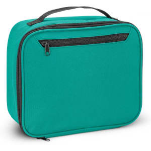A teal lunch cooler bag with a front zip pocket and a sturdy handle for easy carrying. It features a simple design and a logo.