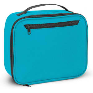 A turquoise lunch cooler bag with a zippered front pocket and a sturdy handle. It has a simple design and branding.