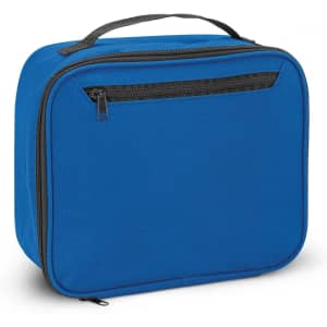 A blue lunch cooler bag with a zippered front pocket and a sturdy handle. It features a simple, clean design.