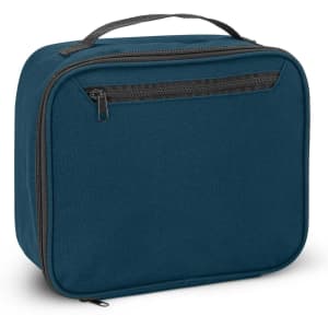 A teal lunch cooler bag with a zip closure and a front pocket, featuring a sturdy handle on top.