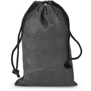 A black drawstring bag made from fabric, featuring adjustable black cords for closure.