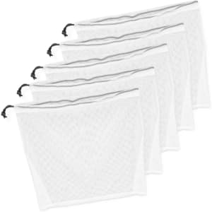 A set of five white mesh produce bags with drawstring closures.