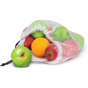 A set of five mesh produce bags in white, filled with various fruits including green and red apples, and an orange.