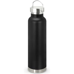 A drink bottle featuring a sleek black design with a stainless steel bottom and a secure lid with a handle.