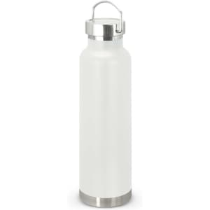 A drink bottle in a sleek white design with a stainless steel base and a metal handle on the cap.