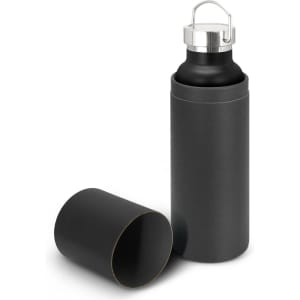 A drink bottle featuring a sleek black design with a stainless steel cap, accompanied by a matching protective sleeve.