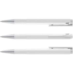 Three white plastic pens with silver accents, featuring a logo on each pen.