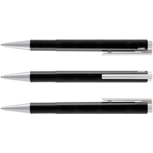 Three black Lamy Logo pens displayed in a row, featuring shiny silver accents and a distinct logo on each.