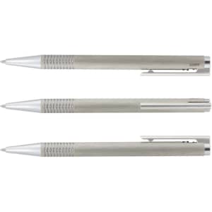 A metal pen in brushed steel with a sleek design, featuring a clip and ridged grip. Includes branding on the barrel.