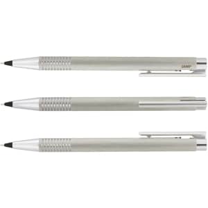 A set of three Lamy Logo pencils in brushed steel, featuring a sleek design and silver accents.