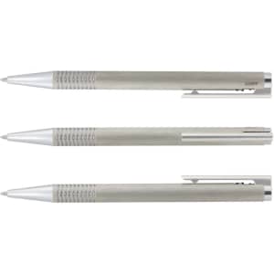 A Lamy Logo Pen and Pencil Set featuring a sleek metal design in a silver finish, including two pens and one pencil.