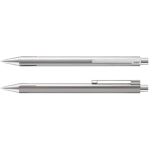 A metal pen set in silver, featuring a sleek design and a subtle logo. Two pens are displayed together.