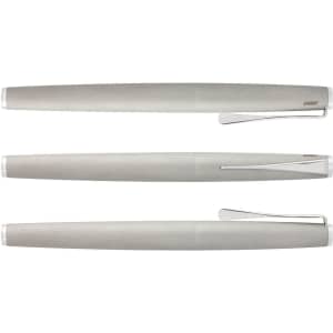 A metallic silver Lamy Studio Rolling Ball Pen displayed from multiple angles, featuring a sleek design and clip.