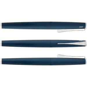 A blue metal rolling ball pen with a sleek design and silver accents, featuring a clip and branding.
