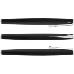 A sleek black Lamy Studio rolling ball pen set featuring three pens with a silver clip and accents.