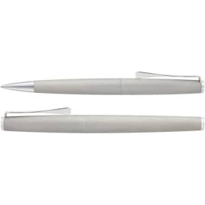 A metal pen set in a sleek, light grey finish with a polished silver clip. Features both capped and uncapped designs.