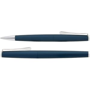 A metal pen set featuring a sleek navy blue finish with silver accents and a logo on the body.