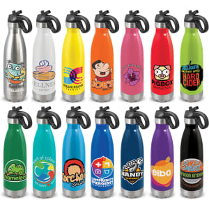 A drink bottle collection featuring various colours, including silver, yellow, pink, green, and blue, with flip lids and logos.