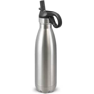 A drink bottle featuring a sleek stainless steel design with a flip lid and a durable handle for easy carrying.