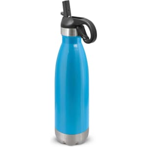 A drink bottle in vibrant blue with a stainless steel bottom and a flip lid.