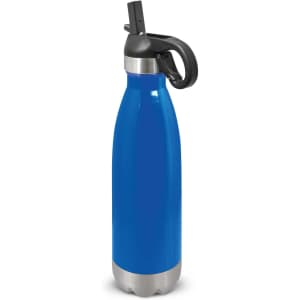 A drink bottle in vibrant blue with a stainless steel base and a black flip lid. It features a logo.